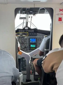 Partial view of the cockpit of a seaplane Stock Photos