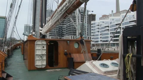 Partial view of Empire Sandy’s deck anchored in Toronto, Ontario CANADA Stock Footage 105434556