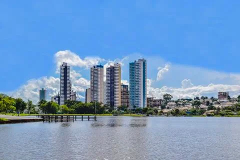 Partial view of the lake in the Parque das Naes Indgenas and buildings in the Stock Photos