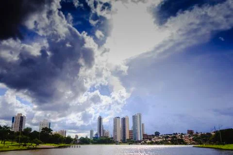 Partial view of the lake in the Parque das Naes Indgenas and buildings in the Stock Photos