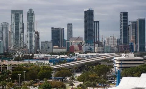 Partial view of Miami city in a cloudy day,from the Port of Miami Stock Photos