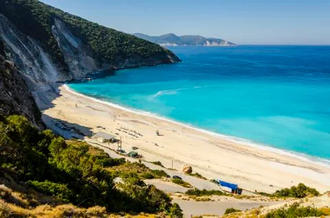 Partial view of Myrtos beach from the mountain on the island of Kefalonia Stock Photos