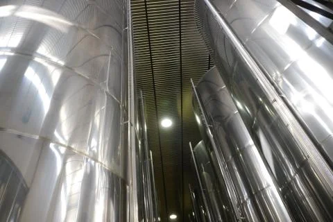 PARTIAL VIEW OF OLIVE OIL STORAGE DEPOSITS, IN A JAEN COOPERATIVE .. Stock Photos