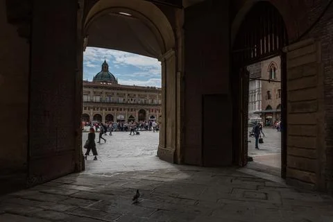 Partial view of Piazza Maggiore, the main square of the ancient city of Bologna. Stock Photos