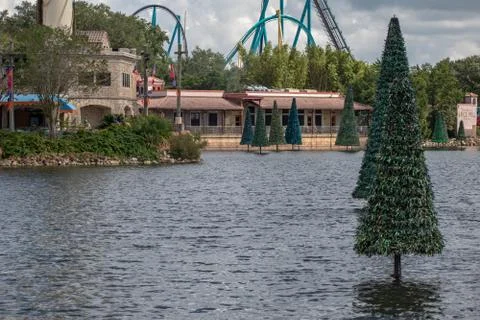 Partial view of rollercoaster and Christmas trees on lake at Seaworld Stock Photos