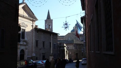 Partial view of the steeple of San Francesco's Church, city of Urbino, Italy Stock Footage 70702813