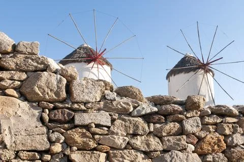 Partial view of two iconic windmills at Mykonos Stock Photos