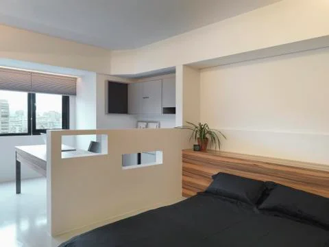 Partial wall separating home office from bedroom Stock Photos