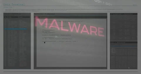 Partial white text growing into MALWARE main terminal showing code panels Stock Footage 330331304