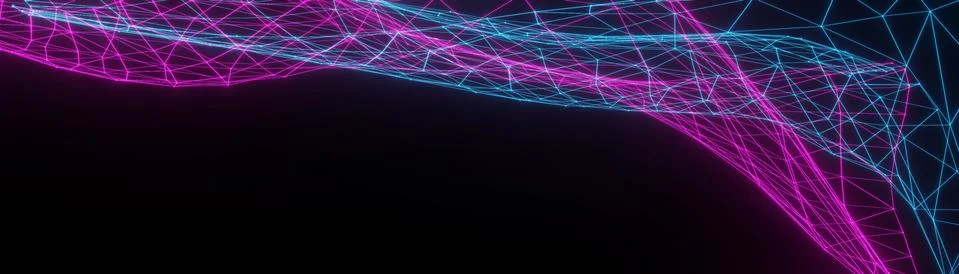 Partially blurred background, polygonal grid neon pink blue colors on black b Stock Illustration