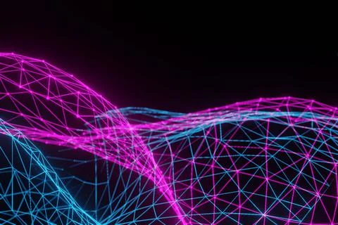 Partially blurred background, polygonal grid of neon pink and blue colors on  Stock Illustration
