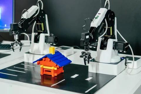 Partially blurred, two robots with automatic gripping claws building toy house Fotos de archivo