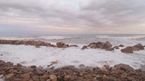 Partially destroyed stone breakwaters during storms Stock-Footage 170068691