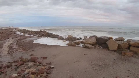 Partially destroyed stone breakwaters during storms Stock-Footage 170068864