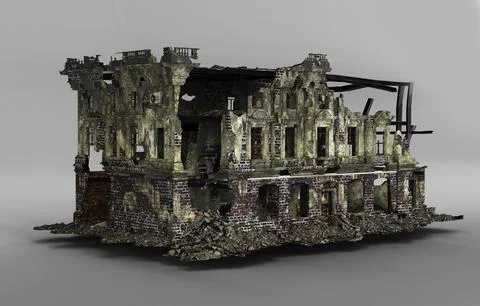 Partially dilapidated building on a white background, 3D rendered Stock Illustration