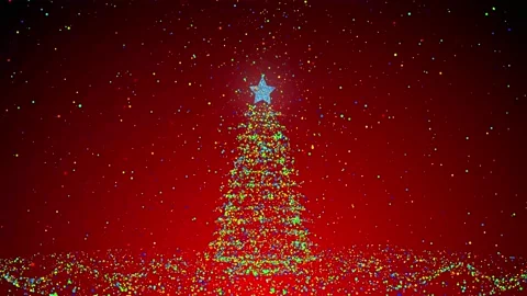 Partical Christmas tree multiple colours on red background. rotating tree Stock Footage 142910548
