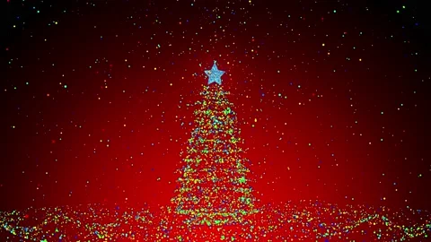 Partical Christmas tree multiple colours on red background. rotating tree Stock Footage 142941010