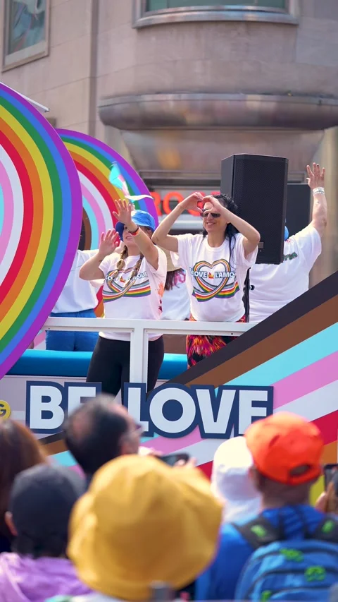 Participants Dancing on Pride Parade Float with Rainbow Heart Message in Toronto Stock-Footage 332018120