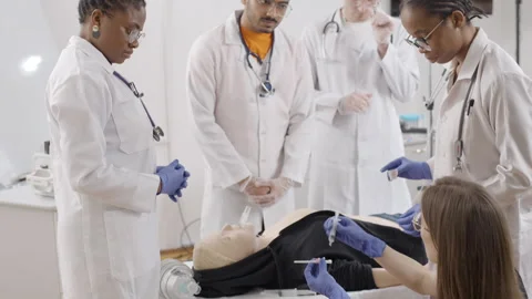Participants engage in first aid training, practicing techniques on a mannequin Video stock 281362031