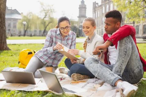 Participants of exchange program studying together Foto stock