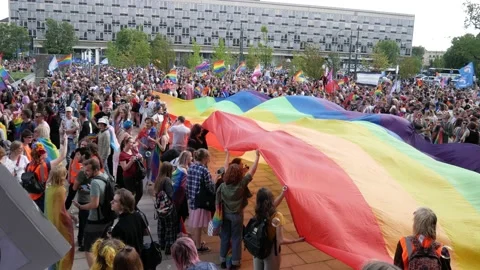 Participants of Kraków Equality March. Pride parade in Krakow, Poland. Stock Footage 218599183