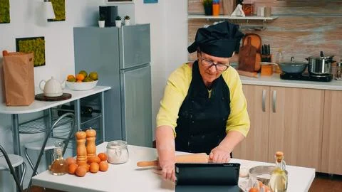 Participating at culinary master class on laptop Stock Photos