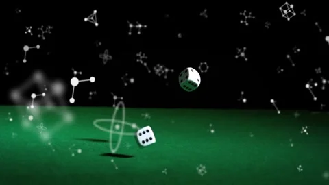 Particle burst sending two dice tumbling across green felt, casting shadows to Stock Footage 328331179