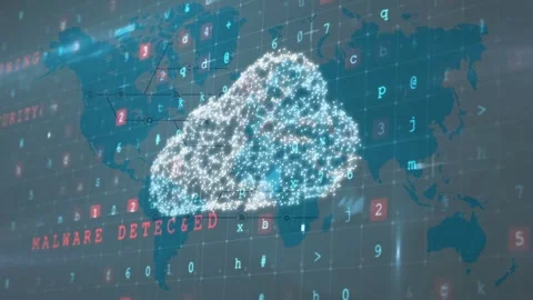 Particle burst sparking cloud forming, pulsing over teal map, warnings showing Stock Footage 334768614