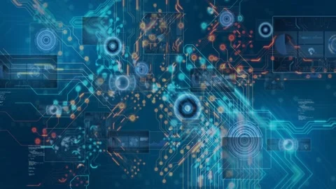 Particle burst starting, circuit network expanding, routing nodes to pulsing HUD Stock Footage 328656485