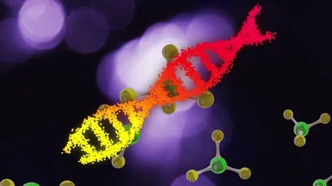 Particle cloud drifting from right forming particle DNA helix, molecules Stock Footage 334768516