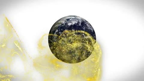 Particle cloud emerging triggers swirling rotating 3D Earth globe revealing Video stock 314848667