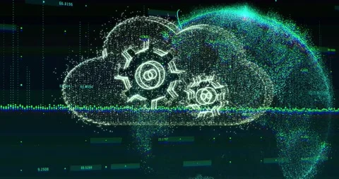 Particle cloud forming from falling column, rotating gears pulsing and Stock Footage 328396330