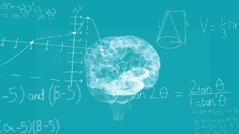 Particle cloud forming into wireframe brain on teal, graph markers layering Stock Footage 331820464