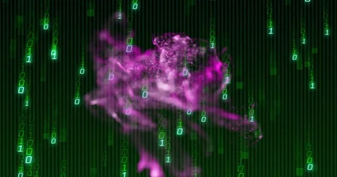 Particle cloud materializing, rising and swirling while binary digits cascading Stock Footage 311455577