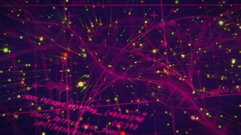 Particle cloud, waveform intensifying, emitting radial trails over magenta grid, Stock Footage 334034670