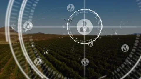 Particle clusters sparking central HUD growing above crops, forming avatar nodes Stock Footage 331272416