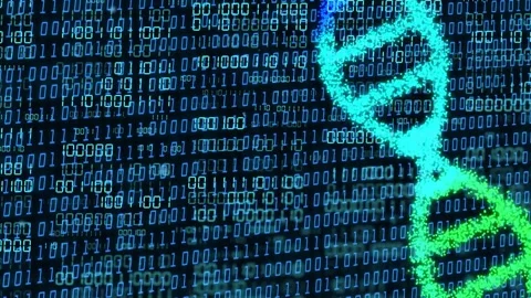 Particle column appearing right side forming rotating cyan green helix on binary Stock Footage 334351836