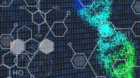 Particle DNA helix starting with column appearing right, coalescing, dispersing, Stock Footage 334744088