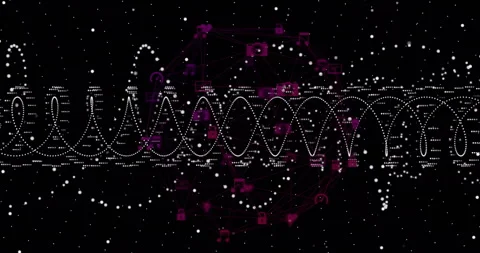 On particle drift, white dotted sine wave and purple node network oscillating Stock Footage 311216552