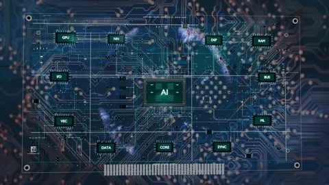 Particle globe appearing, AI module coordinating, streaming data across PCB, Video stock 337579317