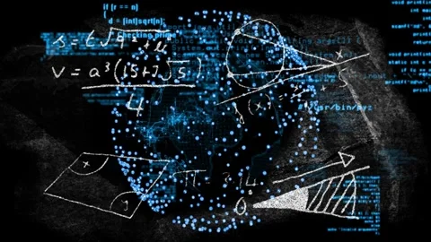Particle globe forming from sliding code, revealing chalk math diagrams and data Stock Footage 332746873