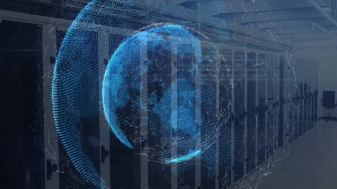 Particle globe rising over data center aisle, data feed initiating, mapping Stock Footage 332613822