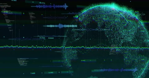 Particle globe rotating in flat design dashboard, with waveform plots, numeric Stock Footage 309100579