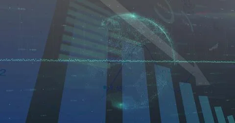 Particle globe rotating over data interface with bar or line charts, down arrow, Foto stock