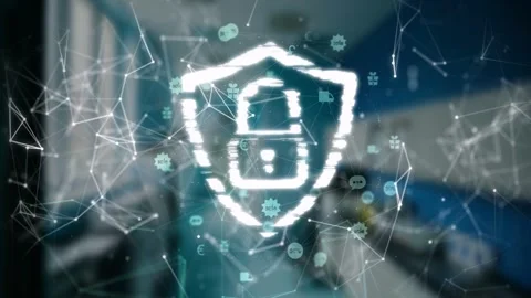 Particle mesh drifting into frame forming breaking reforming holo shield padlock Video stock 332901787