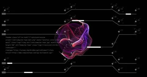 Particle mesh inflating, reshaping in tech HUD sliders moving and code appearing 库存插图