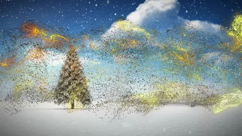 Particle ribbon surging from left, swirling around lone conifer, showing wind Stock Footage 321161753