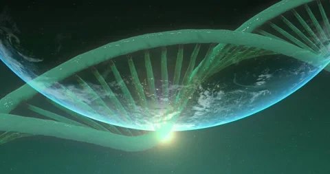 Particle rods converging into DNA helix over planet limb, revealing biotech data Stock Footage 332296302