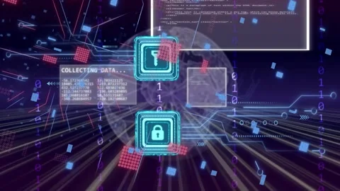 Particle surge starting two cyan icons glowing and hovering, panels sliding and Stock Footage 334768520