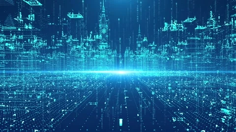 Particle wire frame holographic Virtual Technology Smart City Shuttle Vídeo Stock 147032421